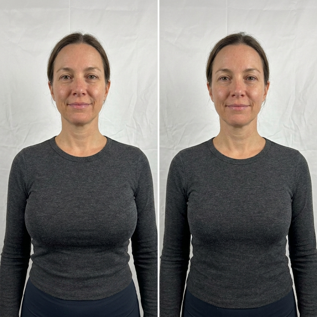 Side-by-side front view showing a fitted top sitting flatter across the chest.