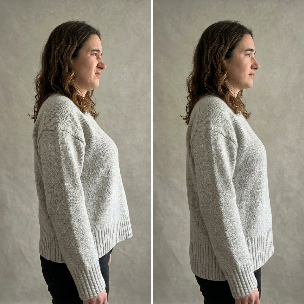 Side-by-side before and after profile view showing reduced chest projection under a sweater.