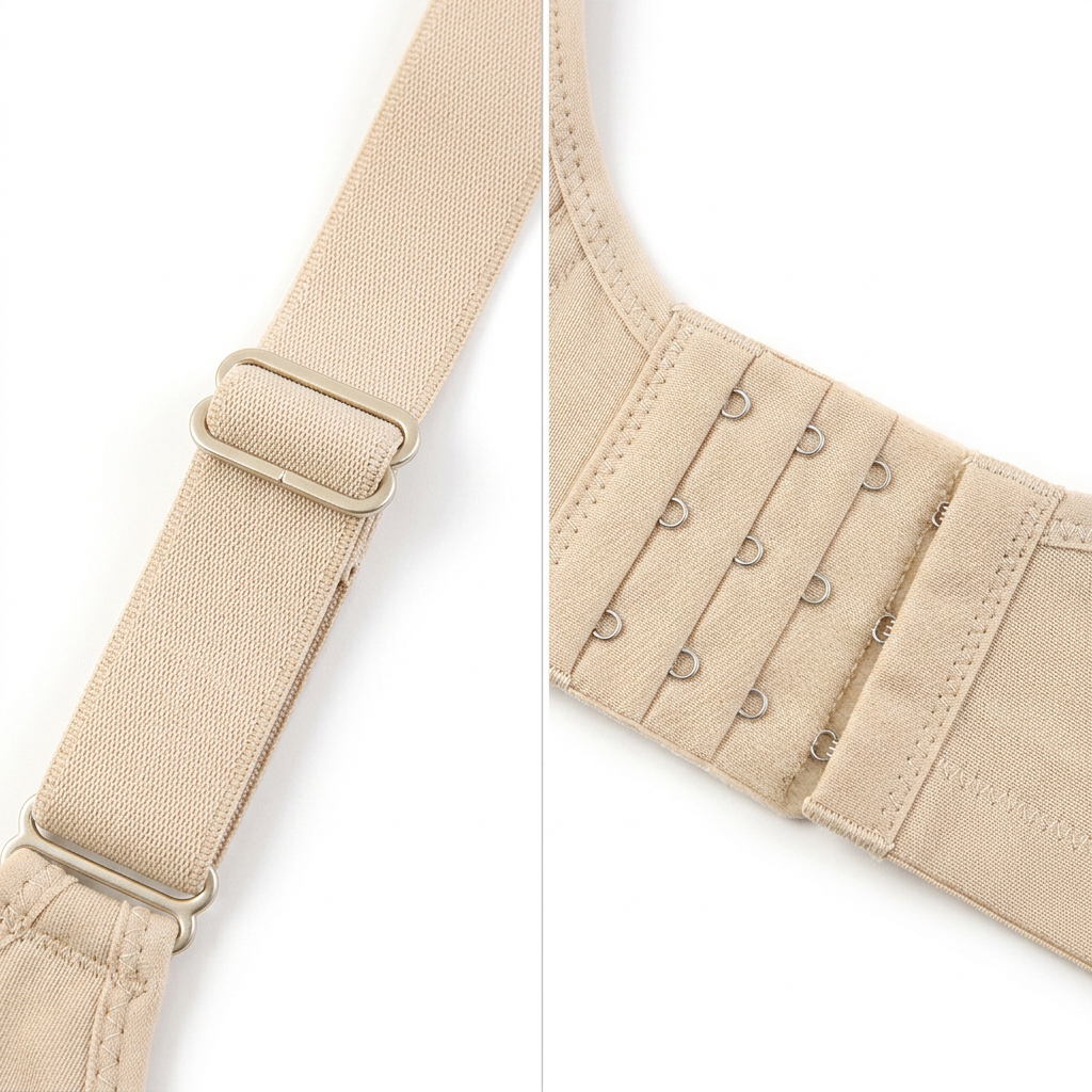 Close-up of wide adjustable straps and a supportive multi-hook back closure.